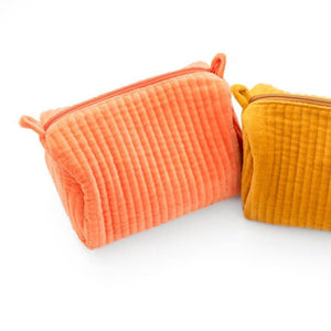 velvet cosmetic pouch mustard and coral