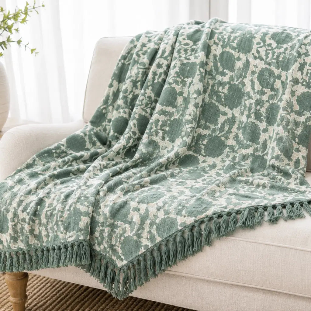 Emerald Blossom Block Print Cotton Throw