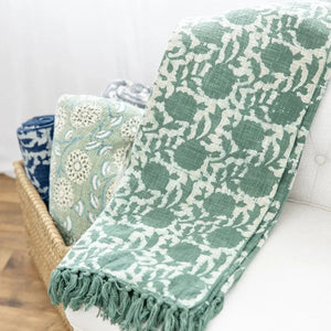 Emerald Blossom Block Print Cotton Throw