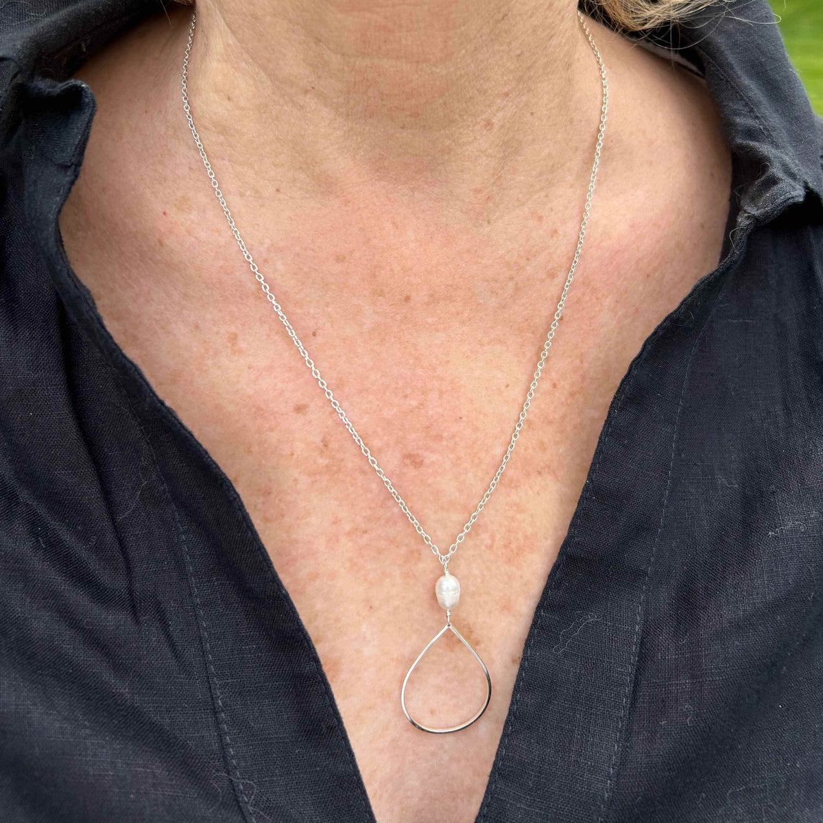 pearl teardrop necklace in sterling silver or 14k