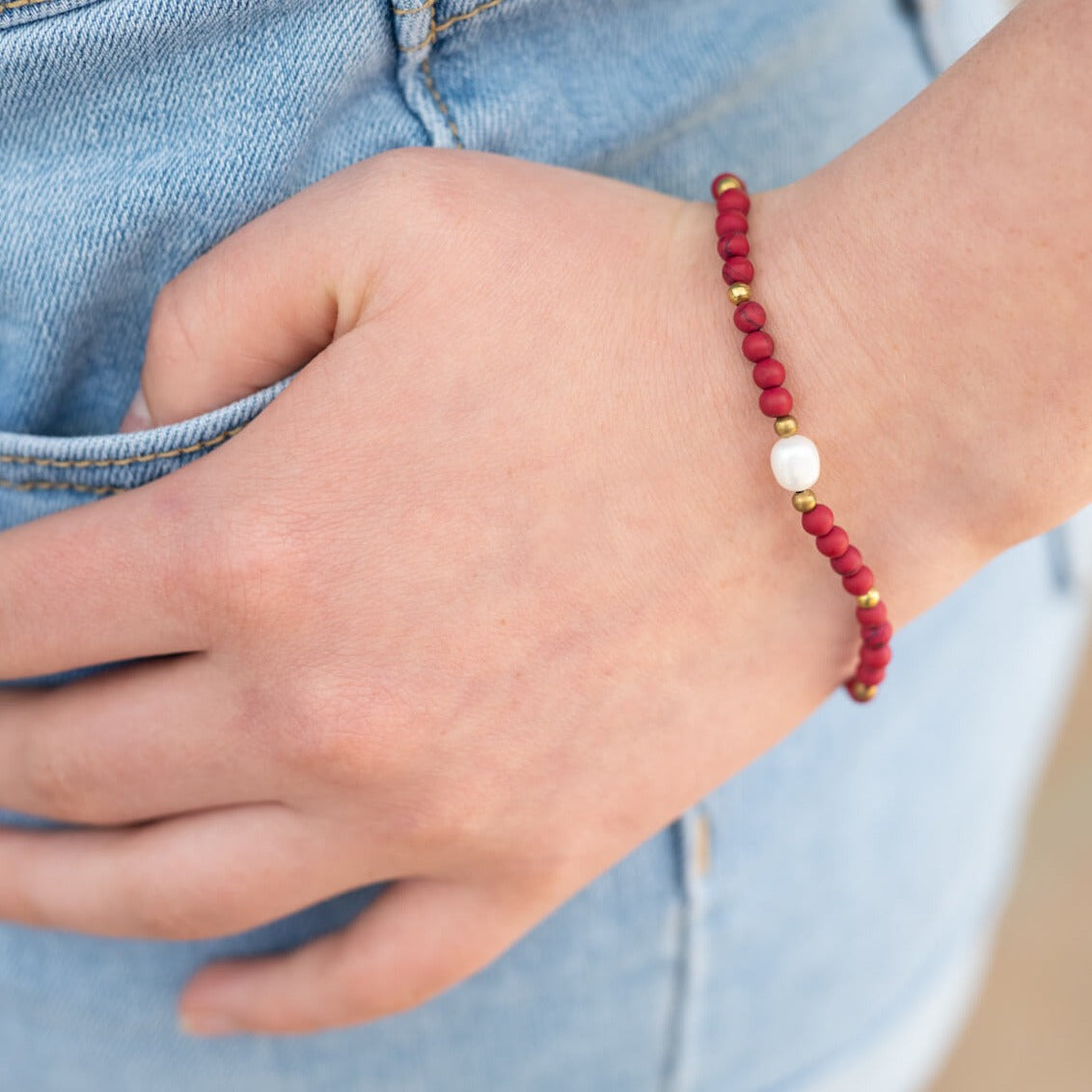 Mayu Beaded Pearl Stretch Red Bracelet