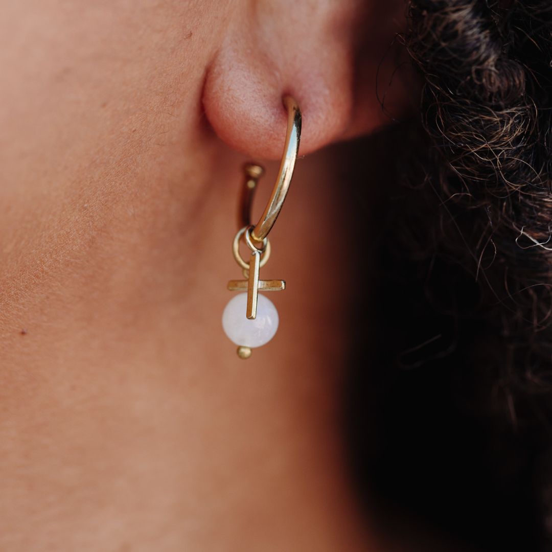 White Shells Disc Charm Silver Hoop Earrings - Studio Jewellery US